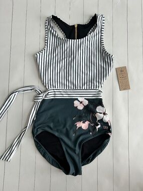 Albion size S Bon Voyage one piece swimsuit green stripe modest open back NEW